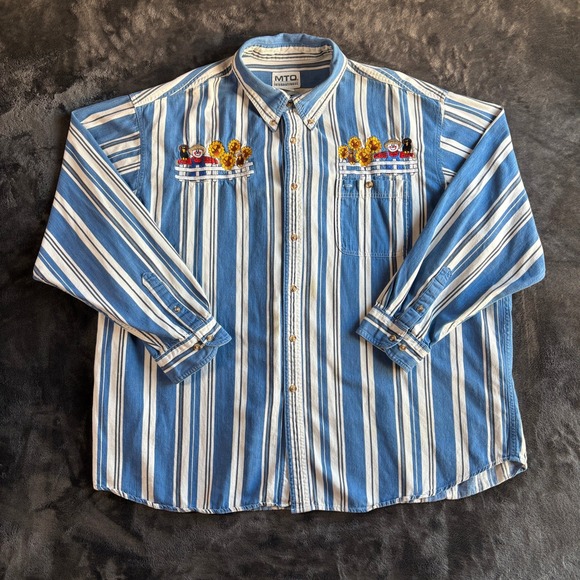 MTQ Tops - Womens Striped Embroidered Scarecrow Sunflowers Button Up Shirt Blue White Large